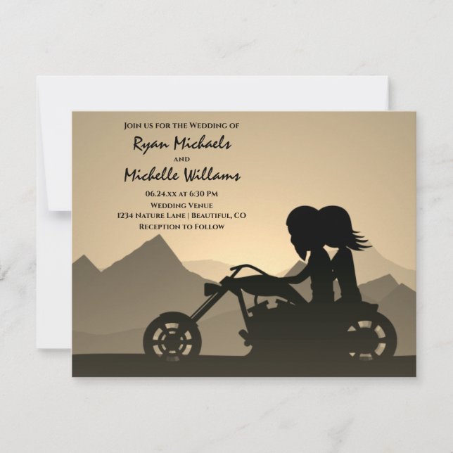 Invitation Mariage de montagne Silhouette Motorcycle Couple (Devant)