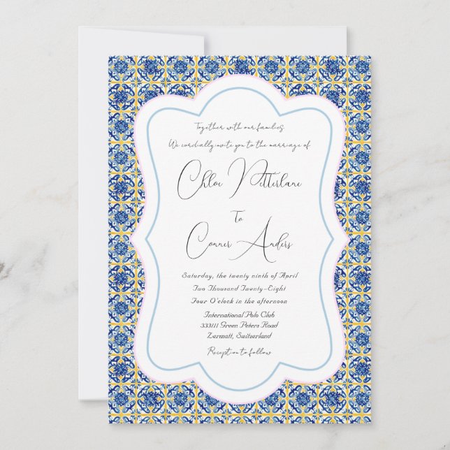 Invitation Mariage de Motif de carreaux bleus clairs et détai (Devant)