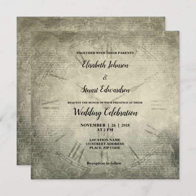 Invitation mariage de motif de script d'horloge rustique Vint (Devant / Derrière)
