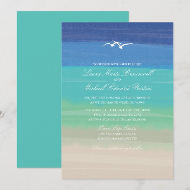 Invitation Mariage de mouettes peintes de mer de sable (Devant / Derrière)