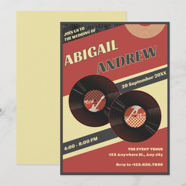 Invitation Mariage de musique rétro (Devant / Derrière)