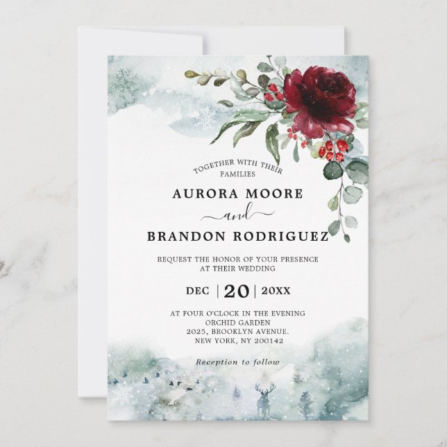 Invitation Mariage de neige d'hiver fleuri de Bourgogne (Devant)