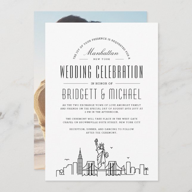 Invitation Mariage de New York | Ligne Skyline Ville Déco Mod (Devant / Derrière)