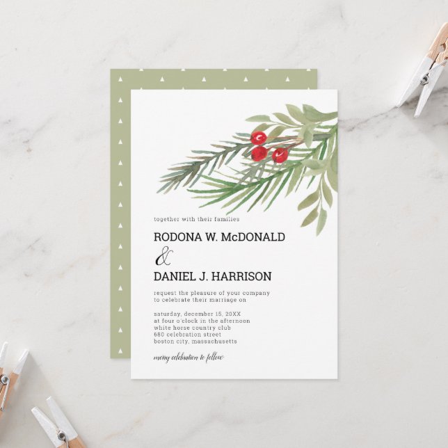 Invitation Mariage de Noël avec feuillage festif (Devant/Arrière en situation)