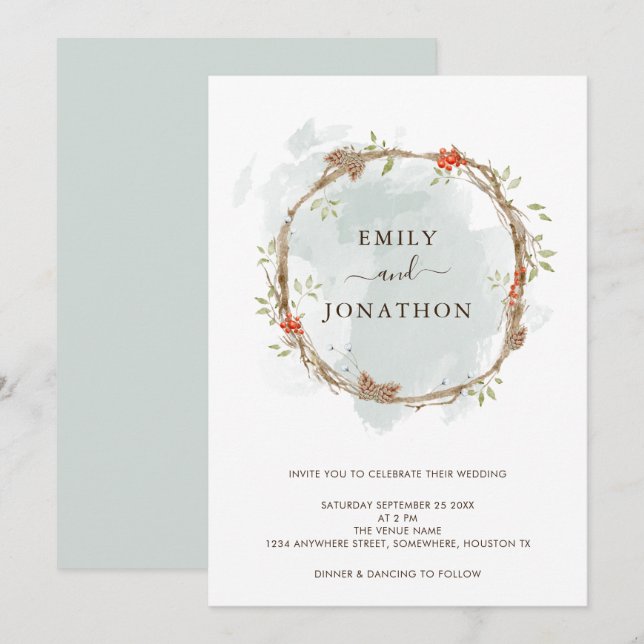 Invitation Mariage de Noël des baies de pin rustique (Devant / Derrière)