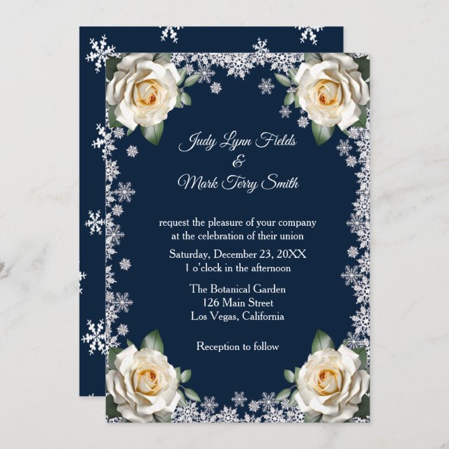 Invitation Mariage de Noël des Flammes de neige Roses blanche (Devant / Derrière)