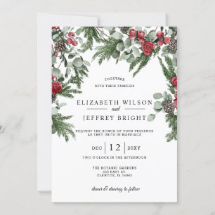 Invitation Mariage de Noël d'hiver des baies de pin rustique