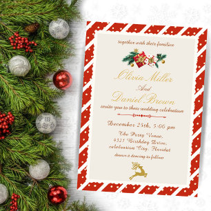 Invitation Mariage de Noël élégant rouge et or en hiver