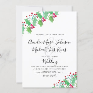 Invitation Mariage de Noël Elegant Script Aquarelle Berry