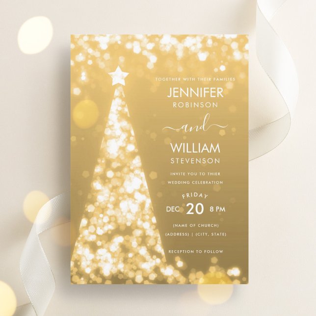 Invitation Mariage de Noël Festif Gold Tree moderne (Modern Festive Gold Tree Christmas Wedding Invitation)
