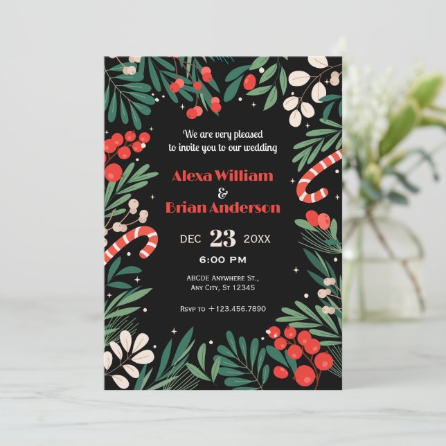 Invitation Mariage de Noël floral noir (Debout devant)