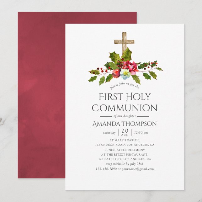 Invitation Mariage de Noël Floral Première Communion sainte (Devant / Derrière)