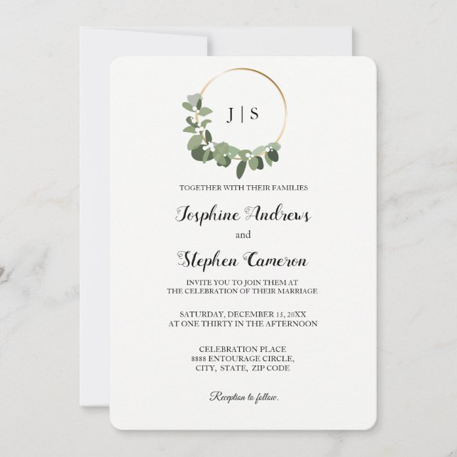 Invitation Mariage de Noël Gold Green Wreath Élégant (Devant)