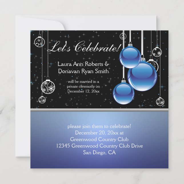 Invitation Mariage de Noël noir en argent bleu (Devant)