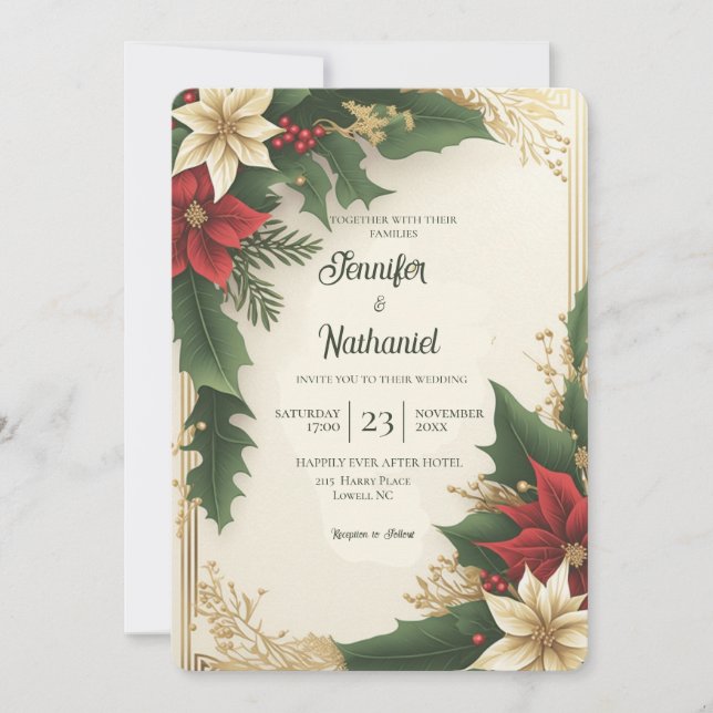Invitation Mariage de Noël Red Green Gold de Holy Berries (Devant)