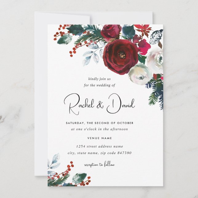 Invitation Mariage de Noël rouge Bourgogne (Devant)