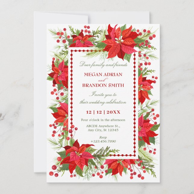 Invitation Mariage de noël vert vert de baies rouges (Devant)