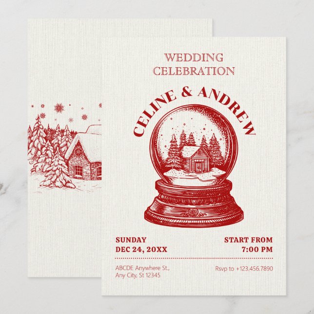 Invitation mariage de Noël vintage Snowglobe (Devant / Derrière)