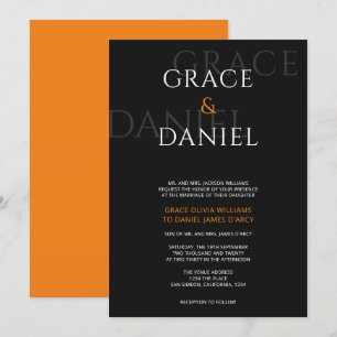 Invitation Mariage de nom d'ombre moderne orange et noir
