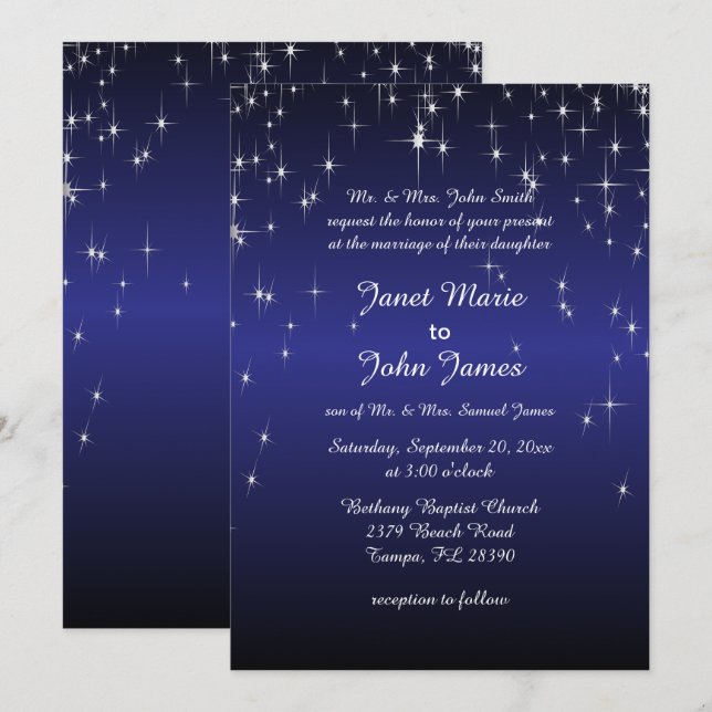 Invitation Mariage de nuit étoilé dans le bleu foncé (Devant / Derrière)