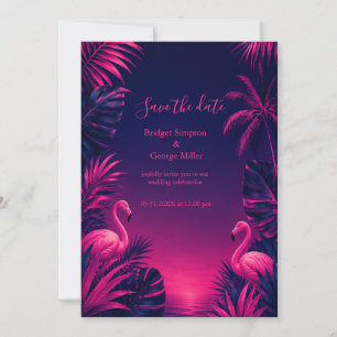 Invitation Mariage de nuit floral tropical flamant rose néon