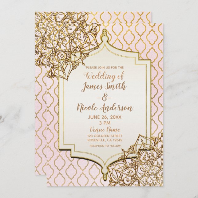 Invitation Mariage de Nuit Morocaine Rose Doré (Devant / Derrière)