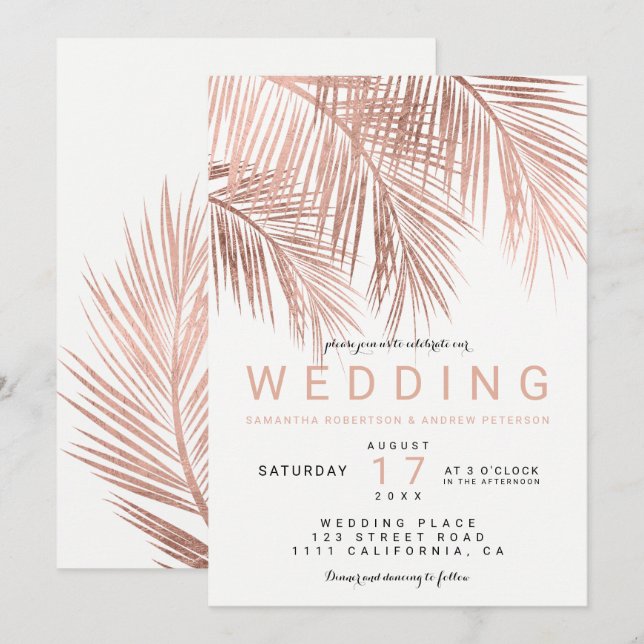 Invitation Mariage de palmier tropical moderne faux rose or (Devant / Derrière)