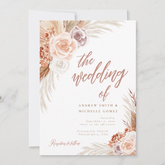 Invitation Mariage de Pampas Rose en terre cuite Boho (Devant)