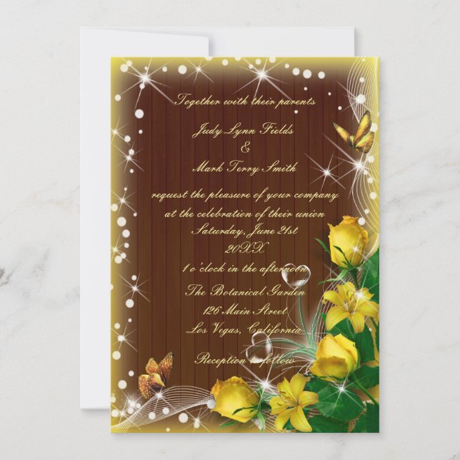 Invitation Mariage de papillon fleuri en bois foncé rustique (Devant)