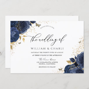 Invitation Mariage de papillon Indigo Blue Flowers Navy