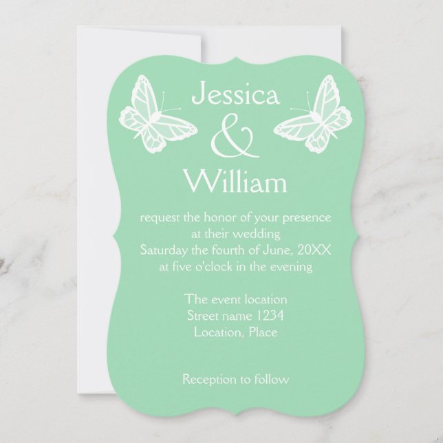 Invitation Mariage de papillons blancs et verts à la menthe (Devant)