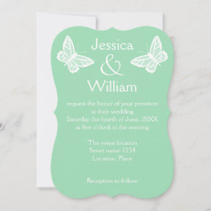 Invitation Mariage de papillons blancs et verts à la menthe