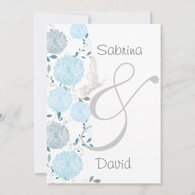 Invitation Mariage de papillons et de chrysanthèmes bleus (Devant)