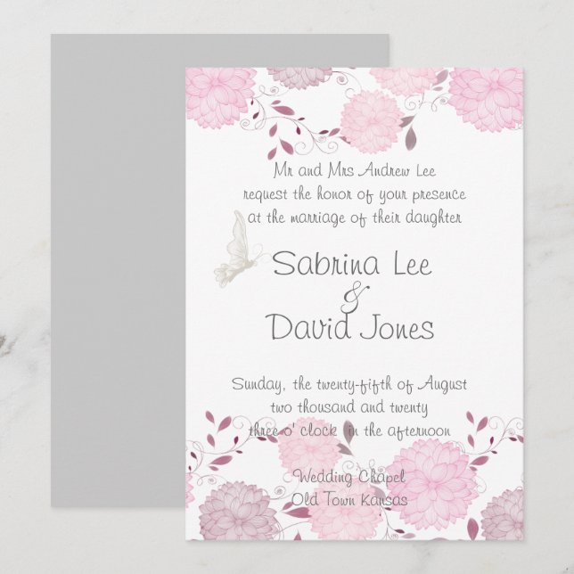 Invitation Mariage de papillons et de chrysanthèmes roses (Devant / Derrière)