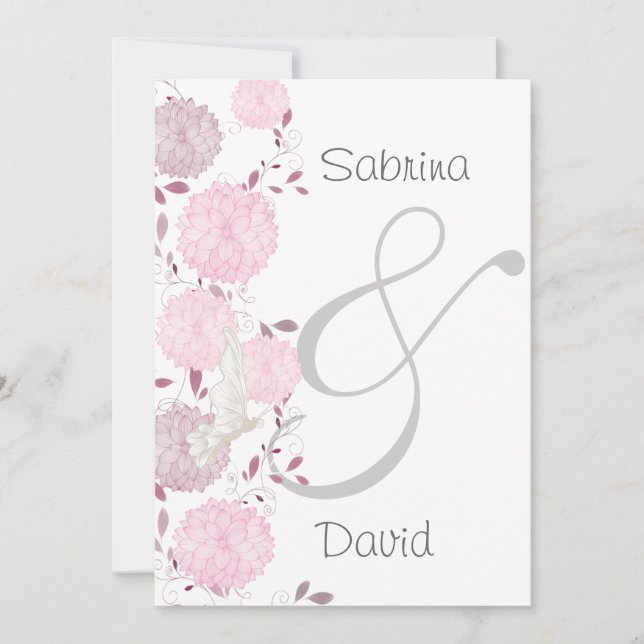 Invitation Mariage de papillons et de chrysanthèmes roses (Devant)