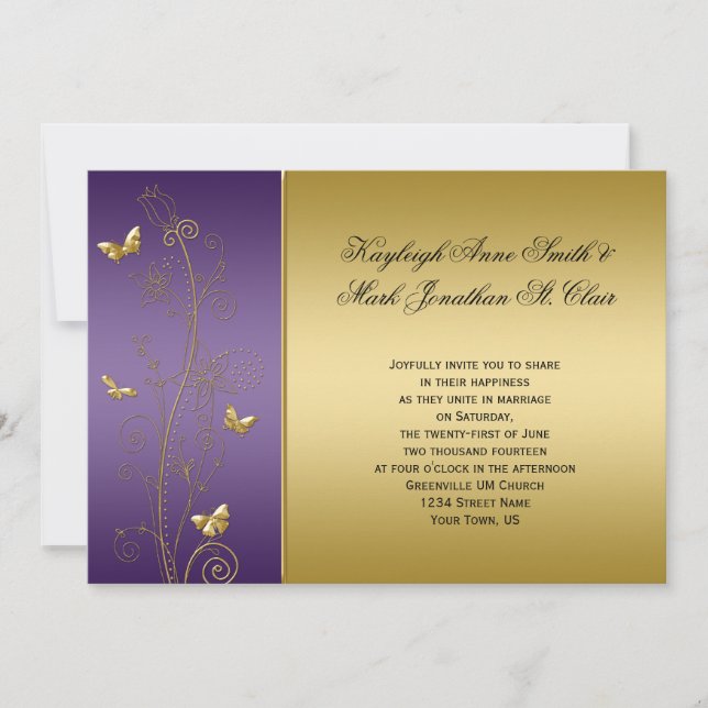 Invitation Mariage de papillons floraux pourpre et or (Devant)