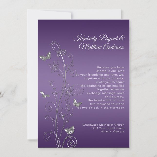 Invitation Mariage de papillons ornés d'argent violet (Devant)