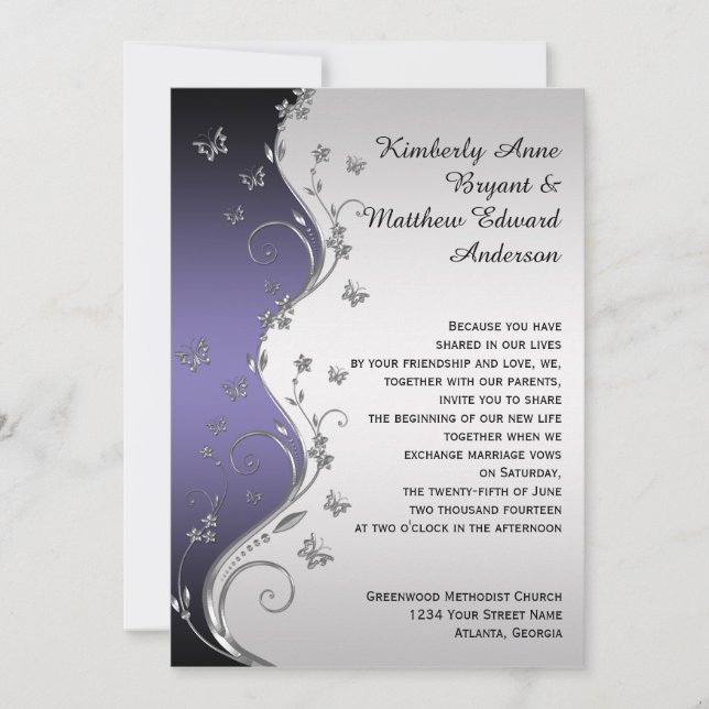 Invitation Mariage de papillons ornés d'argent violet (Devant)