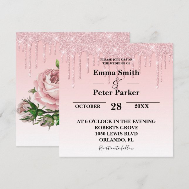 Invitation Mariage de Parties scintillant à séchage floral ro (Devant / Derrière)