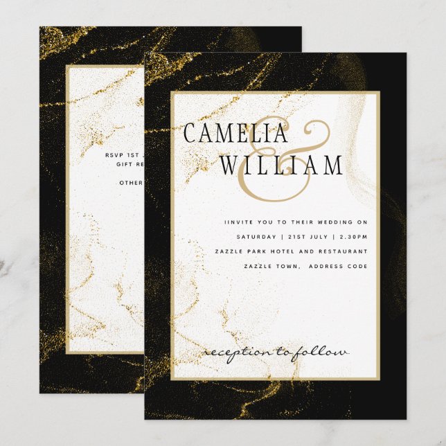 Invitation Mariage de Parties scintillant Black Gold moderne (Devant / Derrière)