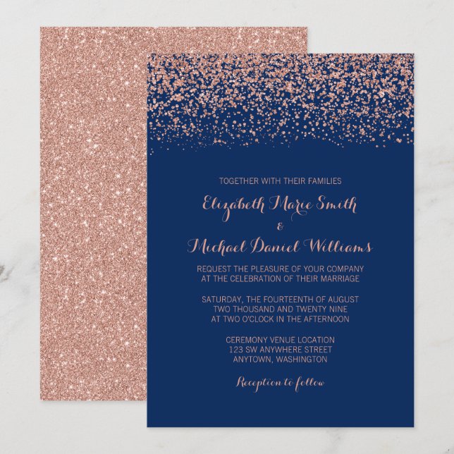 Invitation Mariage de Parties scintillant bleu de la Marine R (Devant / Derrière)