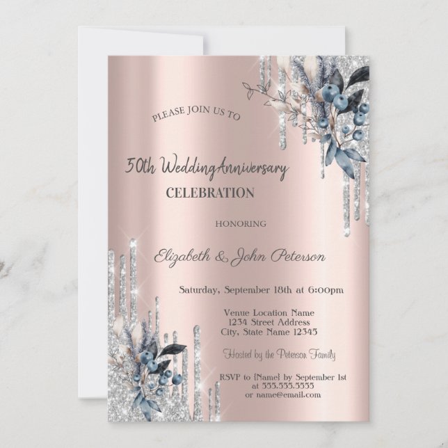 Invitation Mariage de Parties scintillant d'argent Fleurs d'h (Devant)
