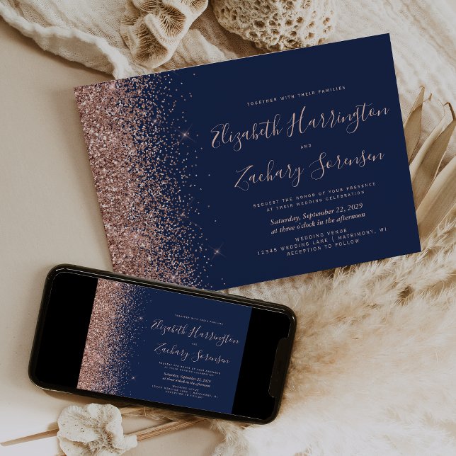Invitation Mariage de Parties scintillant d'or Rose bleu mari (Créateur téléchargé)