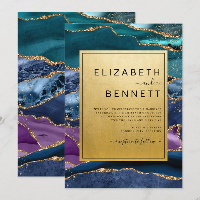 Invitation Mariage de Parties scintillant dorée violet bleu v (Devant / Derrière)