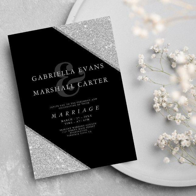 Invitation Mariage de parties scintillant en argent noir géom (Geometric black silver ampersand glitter wedding)