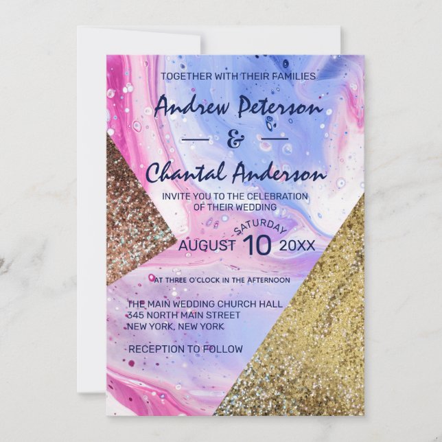 Invitation Mariage de Parties scintillant en marbre blanc ros (Devant)