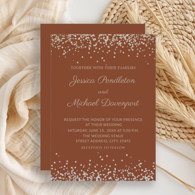 Invitation Mariage de Parties scintillant en or en terre cuit (Terracotta wedding invitation with elegant script)