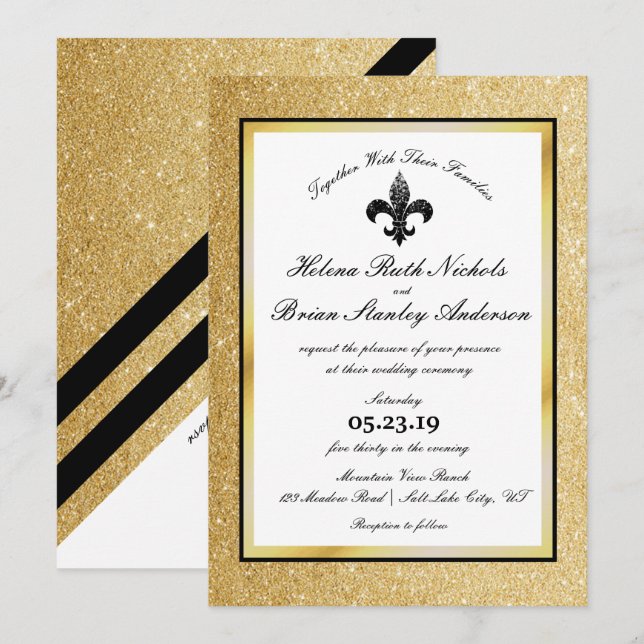 Invitation Mariage de Parties scintillant en or noir blanc Fl (Devant / Derrière)