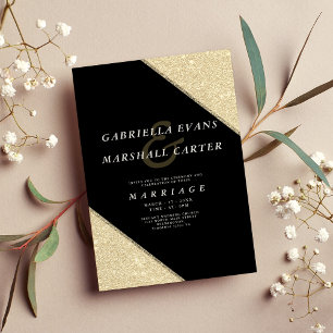 Invitation Mariage de parties scintillant en or noir géométri