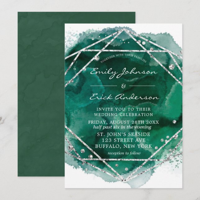 Invitation Mariage de Parties scintillant géométrique Emerald (Devant / Derrière)